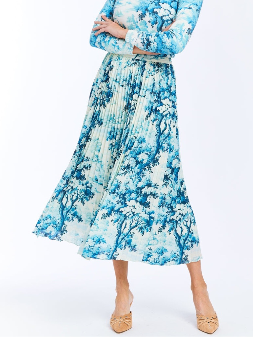 Mestiza Daniella Pleated Midi Skirt Blue White Floral Tie Dye Twill A-Line 10